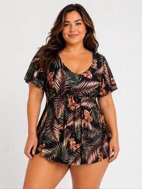 ECUPPER Tropical Palm Print Swim Dress One Piece 2XL NWOT Built-In Bra